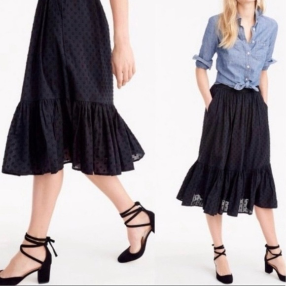 J Crew Black Swiss Dot Ruffle Trim Cotton Midi Skirt Womens Size 8 Elastic Waist - Picture 1 of 12